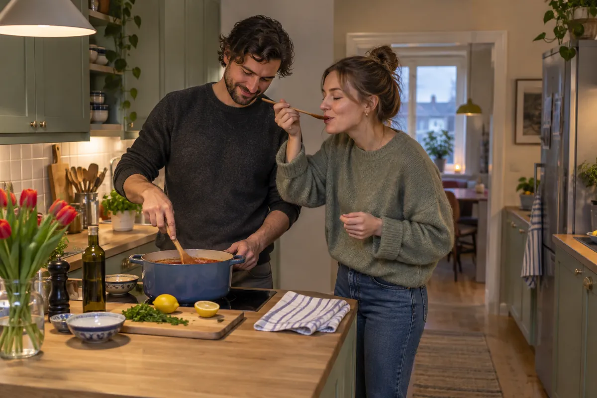 Ett ungt par lagar middag tillsammans på alla hjärtans dag