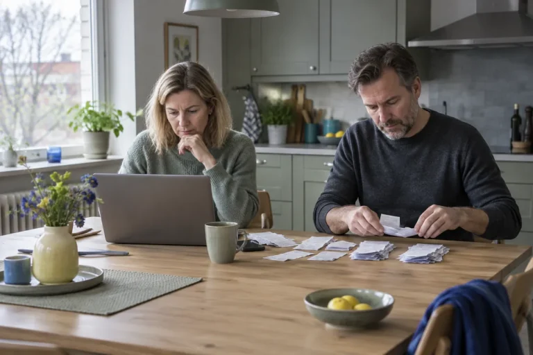 Ett par går igenom deklarationen och sorterar kvitton vid köksbordet