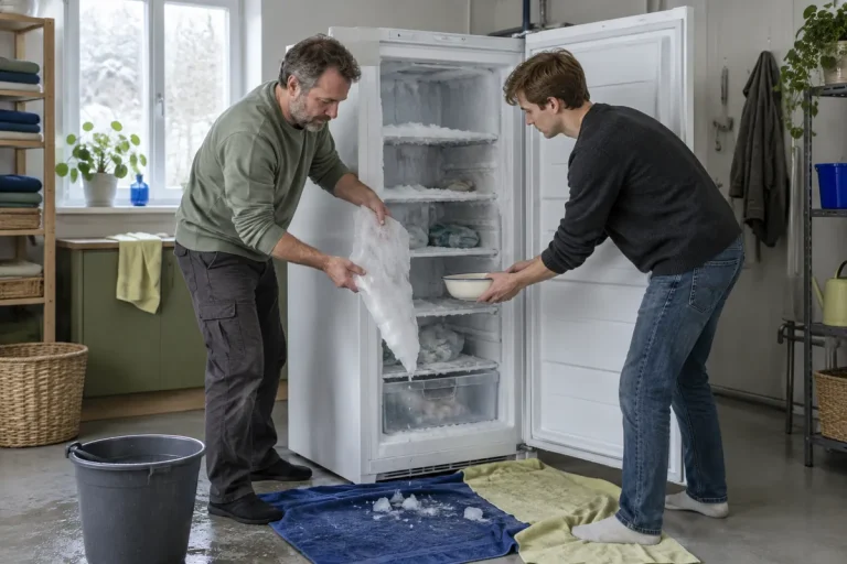 En pappa och hans vuxna son frostar av frysen med en skål varmt vatten