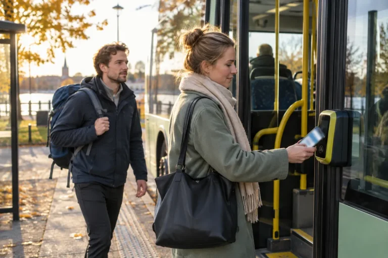 Pendlare kliver på bussen och visar biljetten i mobilen en höstmorgon