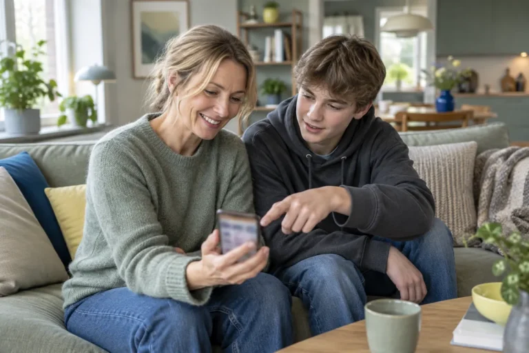En tonårsson hjälper sin mamma att rensa bilder och appar i mobilen