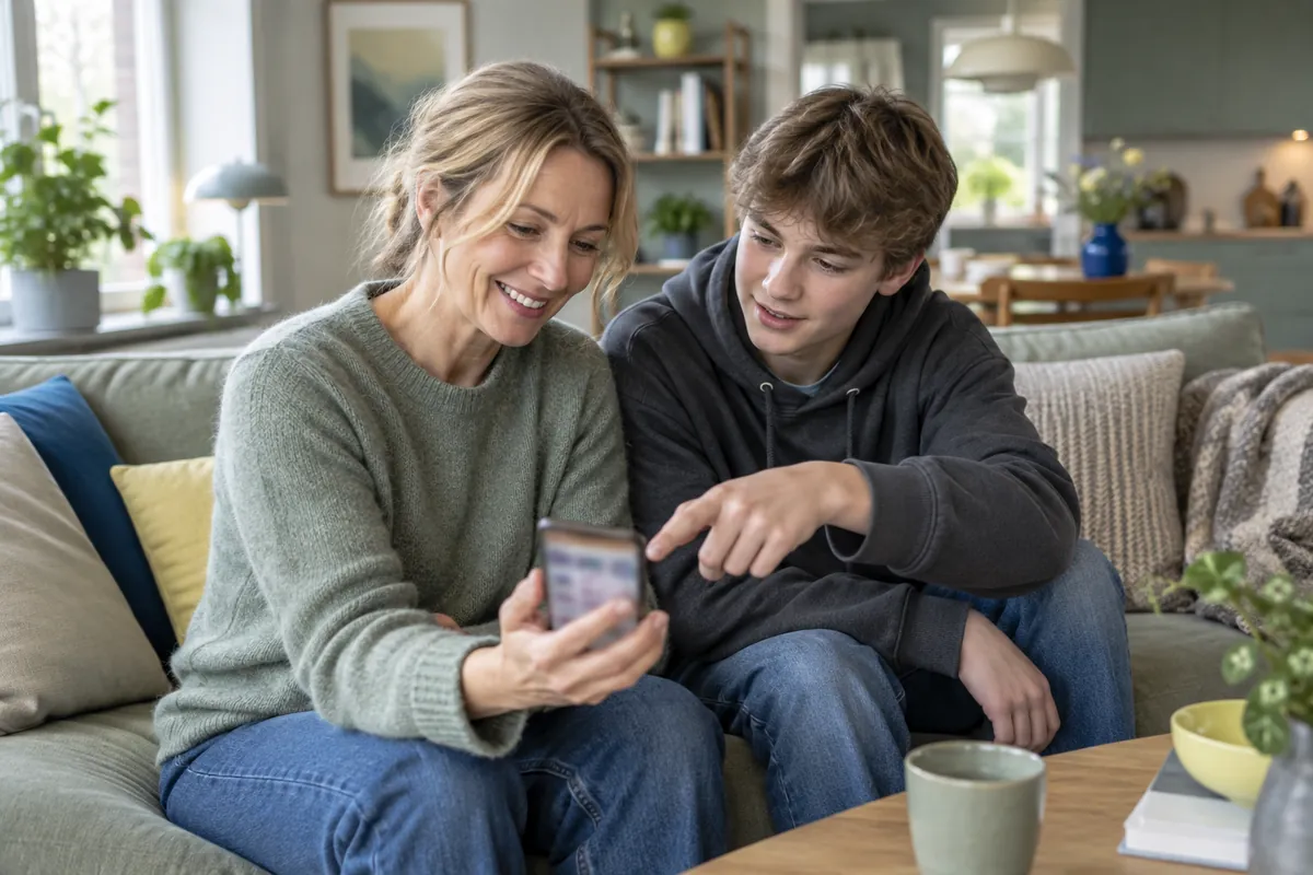 En tonårsson hjälper sin mamma att rensa bilder och appar i mobilen