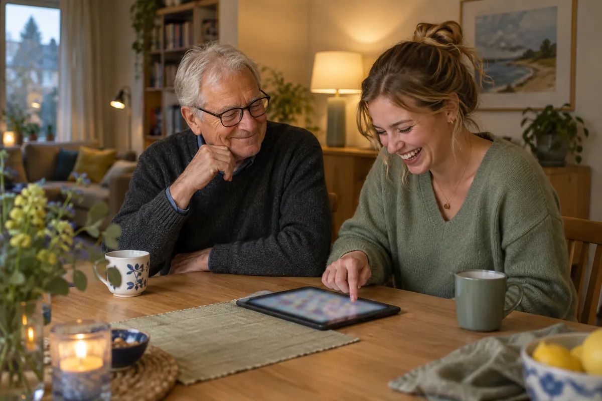 En morfar och hans barnbarn spelar ordspel på en surfplatta vid matbordet