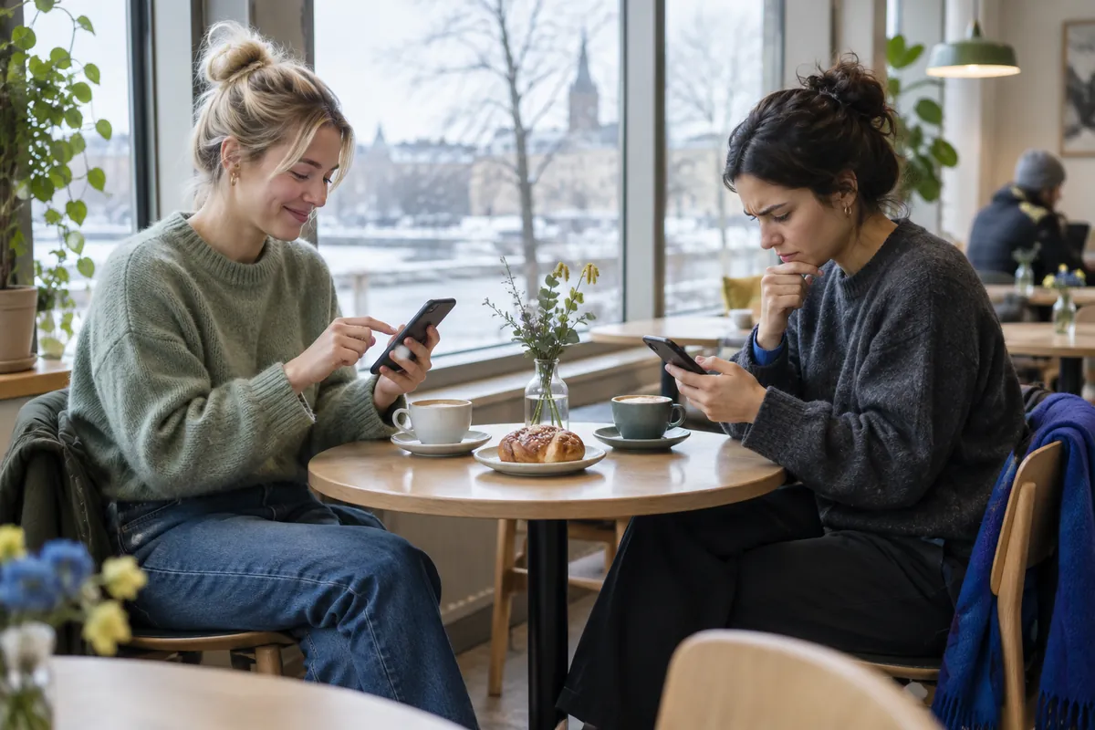 Två vänner spelar ordspel mot varandra på mobilen på ett kafé