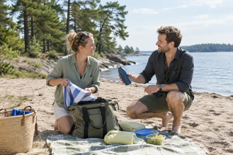 Ett par packar ihop efter en dag på stranden under semestern