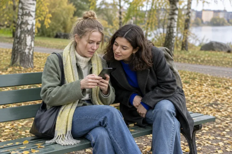 En kvinna trycker på knapparna på mobilen medan en vän tittar på