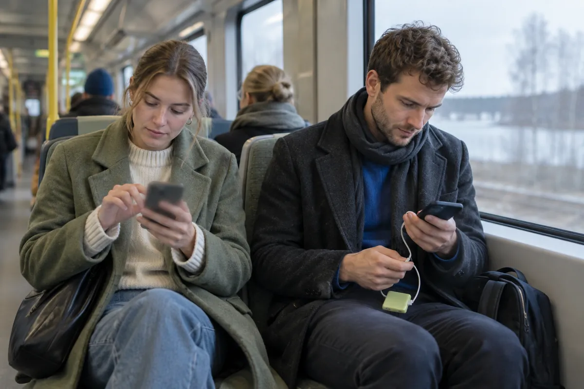En kvinna sänker ljusstyrkan på mobilen och en man laddar sin med en powerbank på tåget