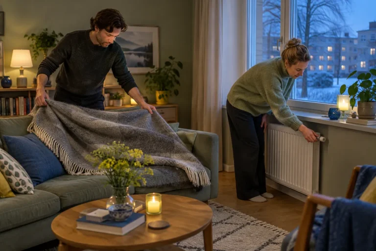 Ett par sänker värmen på elementet och lägger fram en yllefilt en vinterkväll