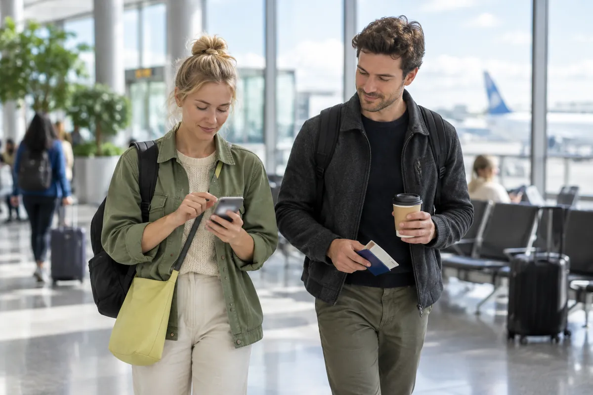 Två resenärer stänger av dataroaming på mobilen vid gaten