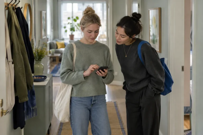 En ung kvinna godkänner en inloggning i mobilen medan hennes vän tittar på
