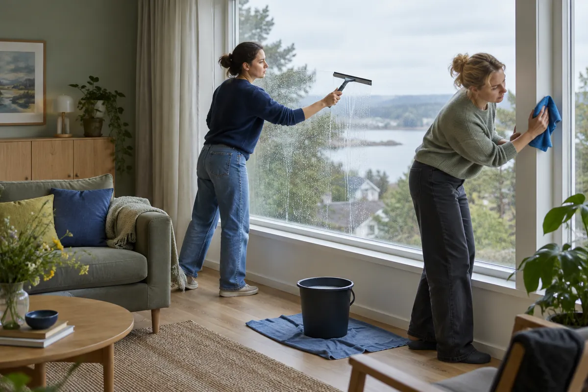 Två vänner tvättar ett fönster med fönsterskrapa och mikrofiberduk